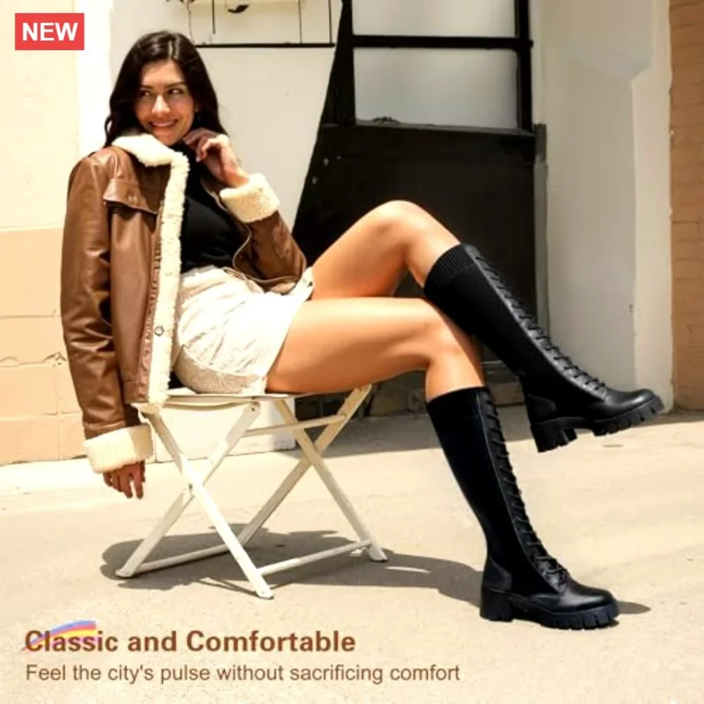 Women's Knee High Combat Boots Chunky Platform Heel Lace Up Work Boots - Picture 2 of 7